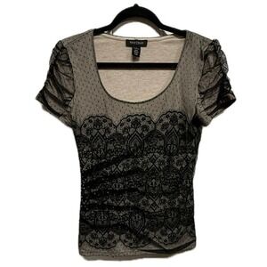 White House Black Market Whimsical Goth Y2K Lace Front Tee Size Small Polka Dots